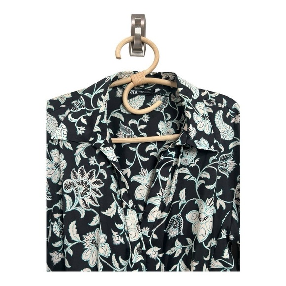ZARA Satin Effect Black White Floral Shirt Dress XS Long Exaggerated Sleeve XS - Picture 6 of 15
